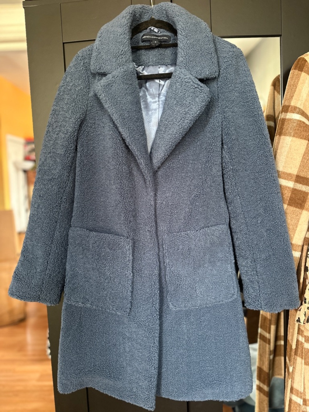 French Connection Slate Blue Teddy Coat with Patch Pockets S